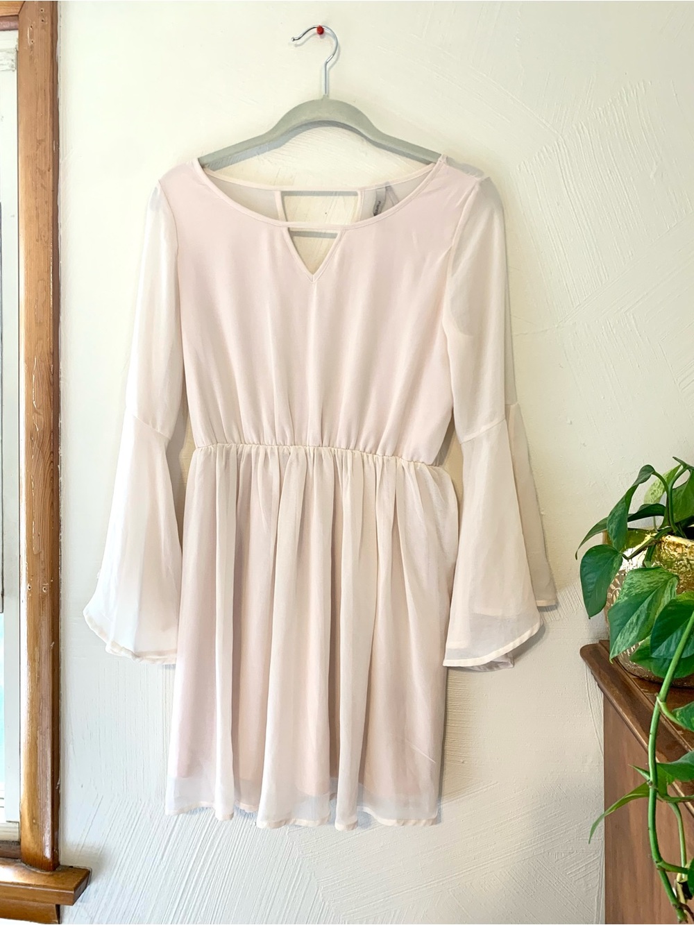 Pretty Blush Chiffon Dress with Bell Sleeves. Size Medium